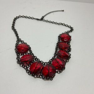 Ruby Red Chunky beads Gothic Gun metal Chain necklace